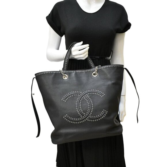 CHANEL  Coco Eyelets Large Leather Shopping Tote Shoulder Black - Picture 2 of 16